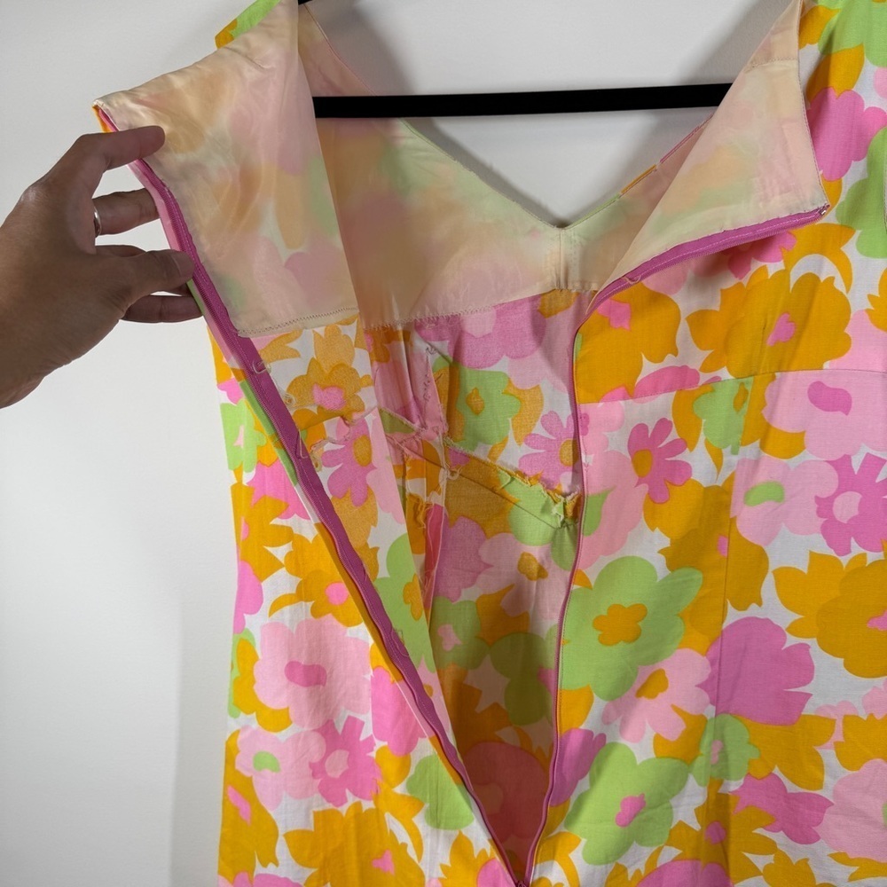 Vintage Handmade 70s Floral Maxi Dress Pink Orange Green Cotton V-Neck Zip Back - Picture 11 of 15